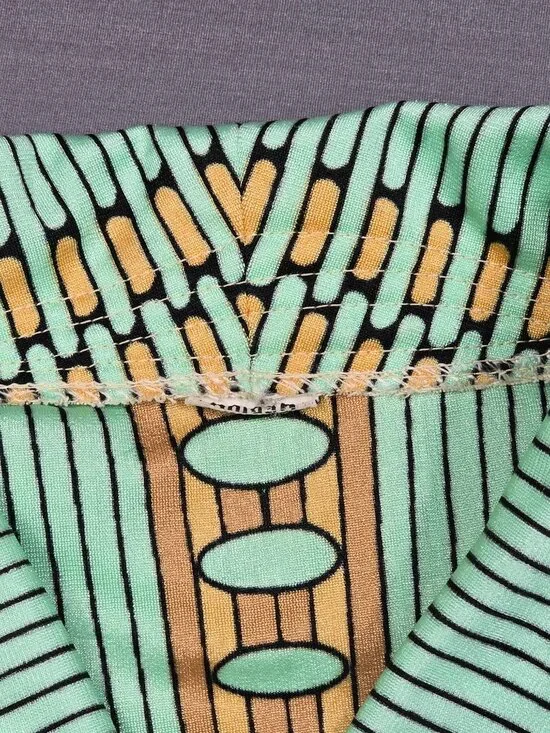 Vintage Green & Gold Striped Medium Collared Short Sleeve Dress Abstract Flawed - Picture 5 of 5